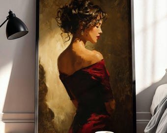 Vintage Woman Portrait: Red Dress, Classic Oil Painting Style, Feminine Wall Art (Digital Download)