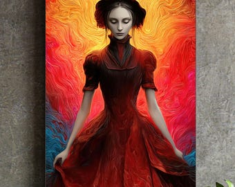 Gothic Woman Portrait Print: Dark Feminine Art, Red Dress, Surreal Wall Decor (Digital Download)