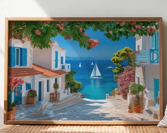 Santorini Print: Greek Island Village, Bougainvillea, Coastal Art, Mediterranean Home Decor (Digital Download)