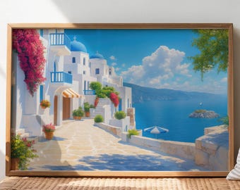 Santorini Print: Greek Island, Blue Dome, Bougainvillea, Mediterranean Landscape Wall Art (Digital Download)