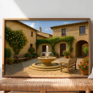May include: A framed print depicting a courtyard with a fountain, benches, and potted plants. The artwork is displayed on a wicker bench, with books and sandals in front. The scene features buildings with arched doorways and climbing greenery.