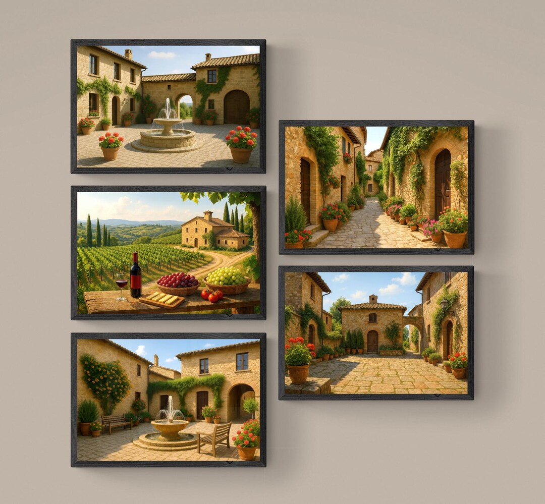Tuscan Landscape Art Print Set – Italian Courtyard, Vineyard & Village ...