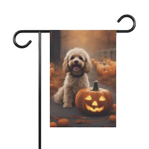 May include: A brown and white dog sits in front of a jack-o'-lantern with a carved smiling face. The dog is surrounded by pumpkins and fall leaves.