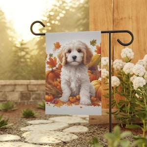 Bandera de jardín y casa de perro de otoño Bandera de jardín Cavapoo Regalo para jardinero