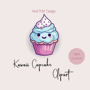Cupcake kawaii rosa e azul | Bolinho Cores Pastel | Download digital de arquivo PNG de alta resolução | Adorável clipart fofo | Adesivos faça você mesmo