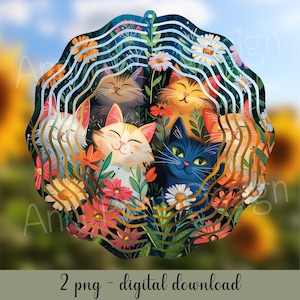 Chats mignons dans un champ de fleurs Aquarelle Wind Spinner Téléchargement numérique PNG | Moulin à vent PNG | Conception de sublimation numérique | Moulin à vent fantaisiste