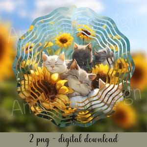 Könnte beinhalten: Ein digitaler Download eines Designs mit einer Gruppe von weißen und grauen Katzen, die in einem Bett aus gelben Sonnenblumen schlafen. Das Design ist perfekt, um ein fantasievolles und charmantes Dekorationsstück für zu Hause zu schaffen.