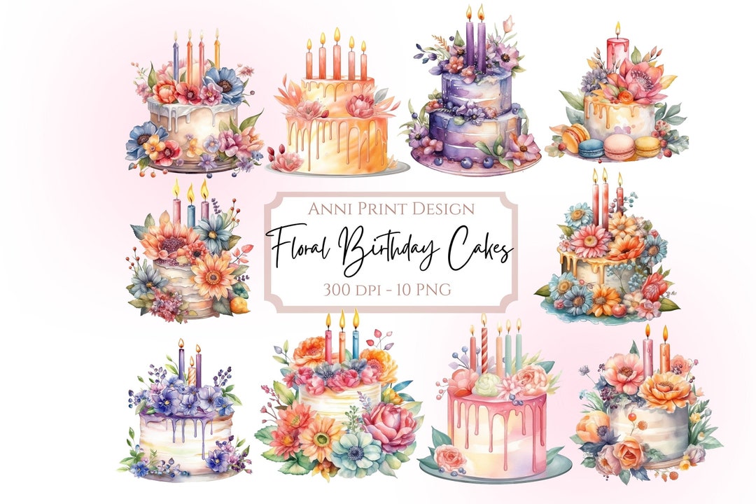 Watercolor Birthday Cake With Flowers Digital Download - Summer - Yummy ...