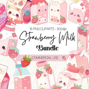 Cute Kawaii Strawberry Milk Bundle Digital Download | Yummy Pastell Color Milk Carton | Commercial Use | Food Sticker | Kawaii Strawberry