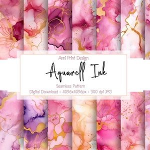 Könnte beinhalten: Ein Set mit 10 digitalen Papiermustern mit abstrakten Aquarelldesigns in Rosa-, Lila- und Goldtönen. Die Muster sind nahtlos und können für eine Vielzahl von kreativen Projekten verwendet werden.
