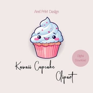 Söt kawaii blå cupcake | Cupcake i pastellfärger | Digital nedladdning av högupplöst PNG-fil | Bedårande söt clipart | DIY-klistermärken