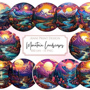Bellissimo paesaggio montano tramonto clipart | Sfondo trasparente | Illustrazione colorata della fauna selvatica di montagna | Sfondo della foresta PNG