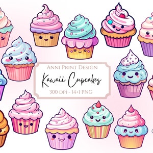 Cute Kawaii Cupcakes Bundle Digital Download - Yummy Pastel Color Cupcakes - png files - commercial use - Cliparts - Food Sticker