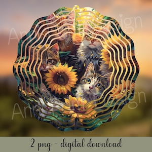 Könnte beinhalten: Ein digitaler Download eines mehrschichtigen, kreisförmigen Designs mit fünf Katzen, die hinter Sonnenblumen hervorlugen. Die Katzen sind in verschiedenen Brauntönen, Weiß und Schwarz. Der Hintergrund ist ein verschwommener Sonnenuntergang.