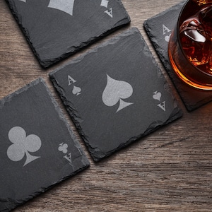 Aces, Playing Cards, Ace of Spades, Custom Slate Coasters Engraved, Ace of Clubs, Ace of Diamonds, Ace of Hearts, Gift, Poker Game Coasters