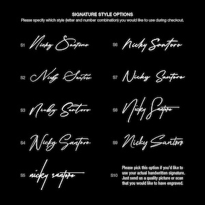 May include: Ten different signature styles for the name "Nicky Santoro" are shown in white text on a black background. Each style is labeled with a number from S1 to S10. Style S10 includes instructions to use a handwritten signature.