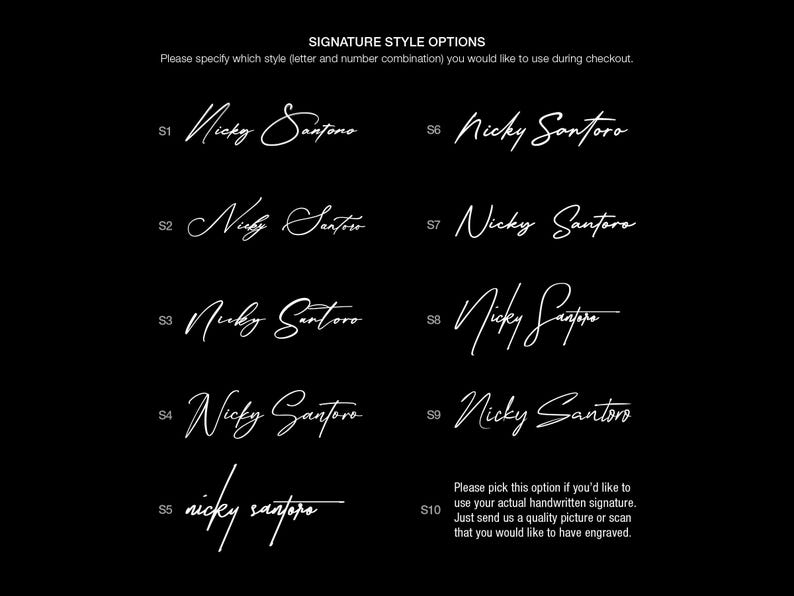 May include: Ten different signature styles for the name "Nicky Santoro" are shown in white text on a black background. Each style is labeled with a number from S1 to S10. Style S10 includes instructions to use a handwritten signature.