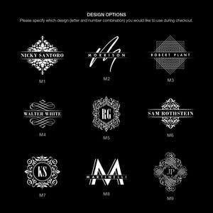 May include: Nine different logo design options for a business or personal brand. The designs feature a variety of styles, including ornate, minimalist, and geometric. Each design is labeled with a letter and number combination, such as M1, M2, M3, etc.