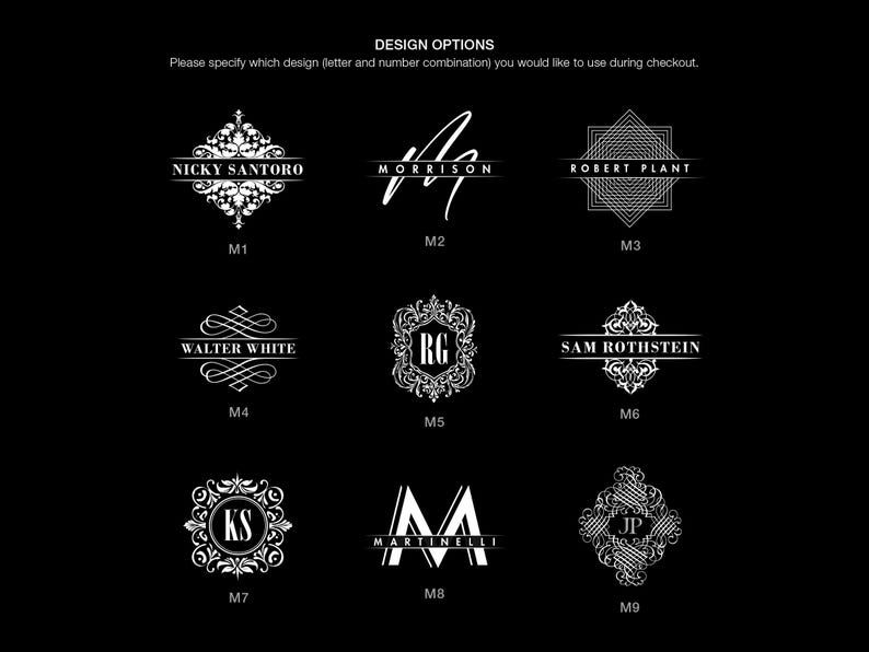 May include: Nine different logo design options for a business or personal brand. The designs feature a variety of styles, including ornate, minimalist, and geometric. Each design is labeled with a letter and number combination, such as M1, M2, M3, etc.
