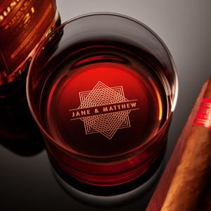 May include: A personalized glass with a red liquid inside. The glass has a geometric design and the text "JANE & MATTHEW" engraved on it. A brown cigar is resting on a wooden surface.