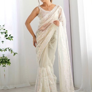 Heavy Designer Sequence Work Embellished Border Organza Fabric Saree with Net Unstitched Blouse, Heavy Designer Sari with free Shipping
