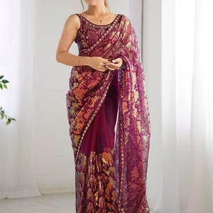 Heavy Designer Sequence Work Embellished Border Organza Fabric Saree with Net Unstitched Blouse, Heavy Designer Sari with free Shipping