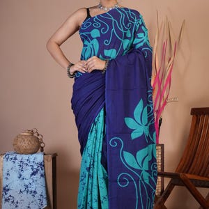 Hand Block Printed Cotton Saree with unstitched Blouse, Festival and Daily wear, Ajrakh Print, Soft fabric comfortable wear, Free Shipping