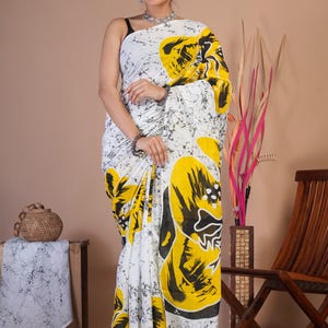Designer Bagru Hand Block Printed Cotton Saree with unstitched Blouse, Soft Cotton Festival and Daily wear sari, Free Shipping