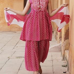 Embroidered Designer Ethnic Motifs Printed Thread Work Kurta with Sharara & Dupatta Set for Women and Girls, Free Shipping