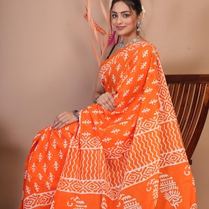 Designer Bagru Hand Block Printed Cotton Saree with unstitched Blouse, Soft Cotton Festival and Daily wear sari, Free Shipping