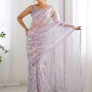 Heavy Designer Sequence Work Embellished Border Organza Fabric Saree with Net Unstitched Blouse, Heavy Designer Sari with free Shipping