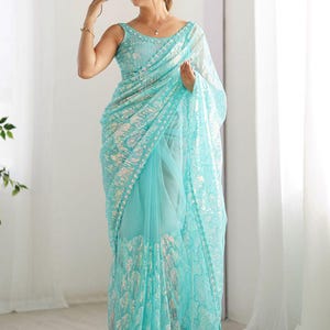 Heavy Designer Sequence Work Embellished Border Organza Fabric Saree with Net Unstitched Blouse, Heavy Designer Sari with free Shipping