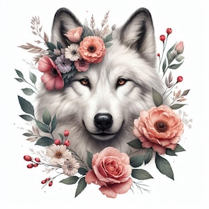 Boho-style wolf with flowers temporary tattoo | Spiritual and symbolic design | Vegan, safe, and easy to apply