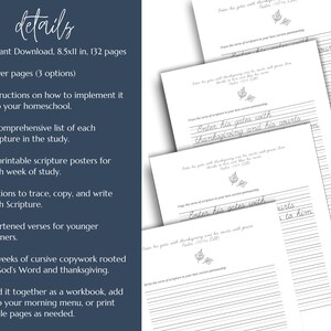 May include: A stack of white paper pages with cursive handwriting practice. The text reads "Enter His gates with thanksgiving and his courts." A list of details on a blue background includes "Instant Download, 8.5x11 in, 132 pages."