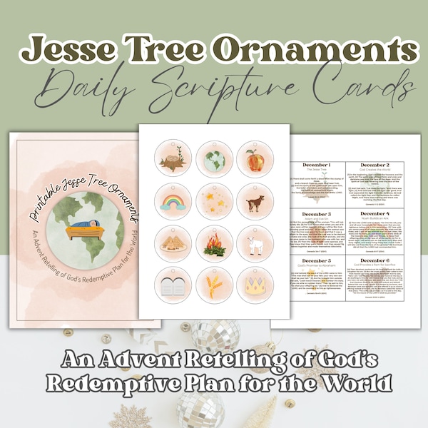 Printable Jesse Tree Ornament Set with Daily Scripture Reading Cards, Daily Advent Activity, Christian Jesse Tree Printable