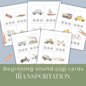 Tarjetas con sonidos para principiantes: tema de transporte en acuarela / Conciencia fonémica / Preescolar a segundo grado / Inspirado en Charlotte Mason