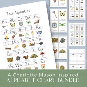 Könnte beinhalten: Ein Set von Alphabet-Charts mit Aquarellillustrationen. Die Hauptkarte zeigt das Alphabet mit Bildern wie einem Schmetterling, einem Kompass und einer Libelle. Zusätzliche Karten zeigen einzelne Buchstaben und zugehörige Bilder. Der Text "A Charlotte Mason Inspired ALPHABET CHART BUNDLE" befindet sich unten.