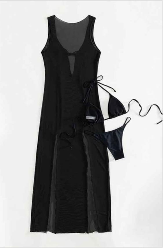 Buy Sexy Mesh Coverup Dress Three Piece Bikini Swimsuit Set Online