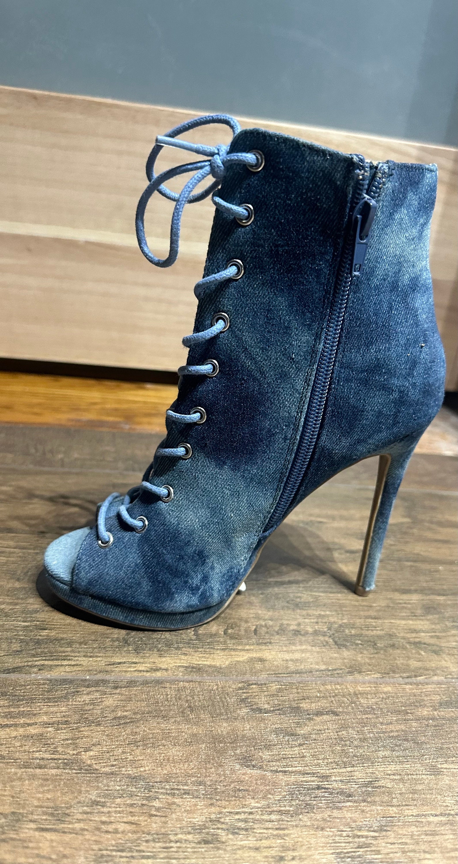 denim peep toe heels