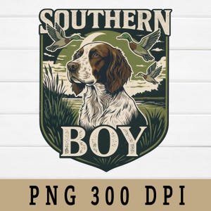 May include: A graphic design featuring a brown and white dog with the text "SOUTHERN BOY". The design includes flying ducks and a landscape background in shades of green and blue. The bottom of the image includes the text "PNG 300 DPI".