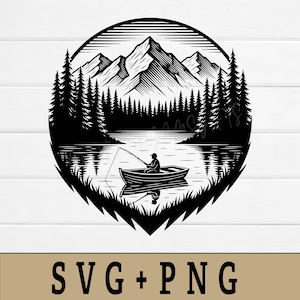 Puede incluir: Ilustración en blanco y negro de un pescador en una barca en un lago, rodeado de montañas y árboles. El diseño es circular con el texto "SVG + PNG" en la parte inferior.