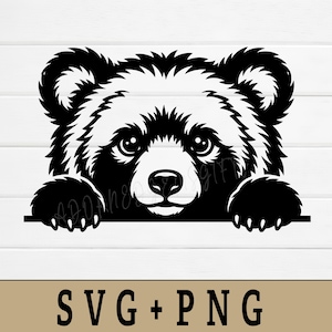 Pode incluir: Gráfico a preto e branco de um urso espreitando por cima de uma linha horizontal. O urso tem pelo detalhado e olhos grandes. O texto "SVG + PNG" está na parte inferior.