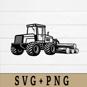 May include: Black and white illustration of a tractor with large tires, hauling logs. The tractor has a cab and a front-end loader. The image includes the text "SVG + PNG" at the bottom.