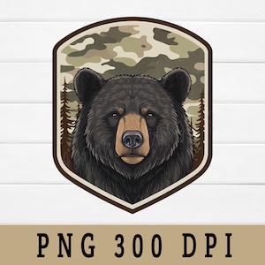 May include: A detailed illustration of a black bear's head, set against a camouflage background within a brown shield shape. The bear has a brown snout and is surrounded by stylized pine trees. The text "PNG 300 DPI" is at the bottom.