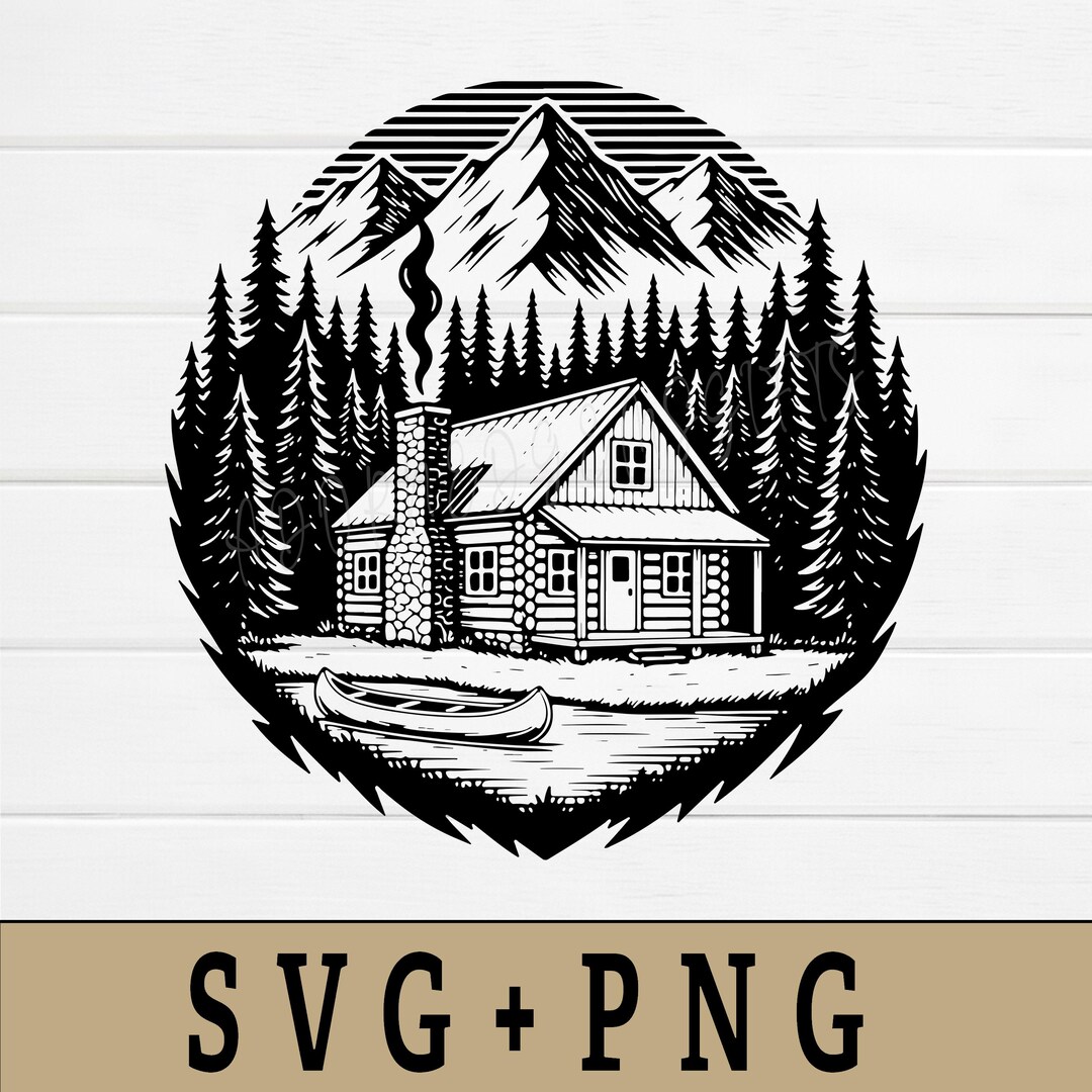 Mountain Log Cabin SVG PNG – Rustic Forest Lake House and Canoe Vector ...