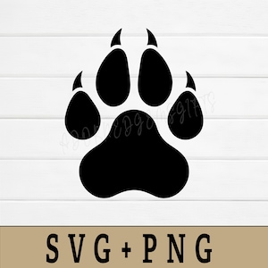 Puede incluir: Una ilustración gráfica negra de una huella de pata que presenta cuatro almohadillas distintas con marcas de garras afiladas en la parte superior y una almohadilla central grande en la parte inferior. El diseño es un archivo digital SVG + PNG.