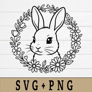 May include: Black and white illustration of a bunny inside a floral wreath. The bunny has large ears, a small nose, and whiskers. The wreath is composed of flowers, leaves, and hearts. The text "SVG + PNG" is at the bottom.