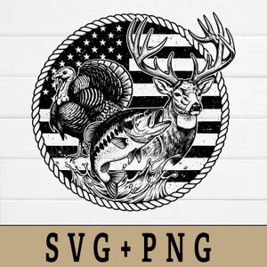 Veado grande, peru selvagem, pesca de robalo em SVG e PNG, design patriótico de caça, design de patch para boné