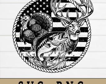 Big Buck, Wild Turkey, Bass Fishing SVG PNG, Patriotic Hunting Design, Hat Patch Design