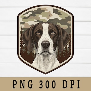 May include: A digital illustration of a Pointer dog with brown and white fur, set against a camouflage background within a brown shield shape. The image includes the text "PNG 300 DPI" at the bottom.
